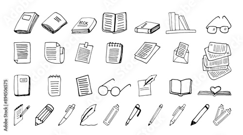 Hand drawn doodle set of books, pens and notes about learning and writing
