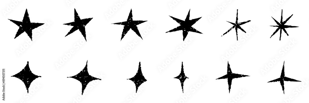 Grunge star set. Shine sparkle vector symbols