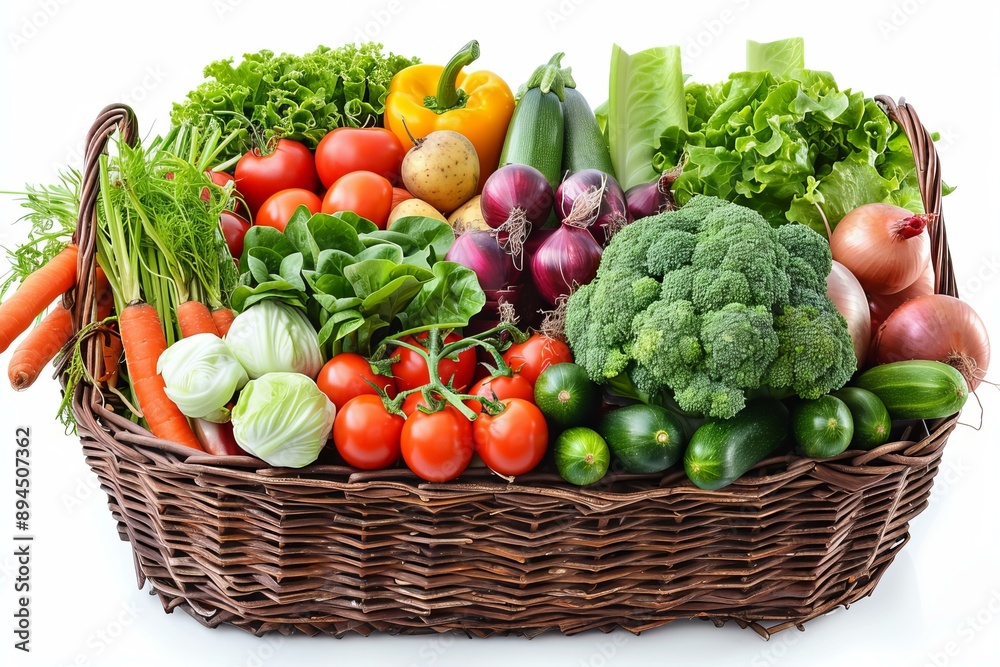Fototapeta premium Vibrant selection of fresh vegetables displayed in a rustic wicker basket on a white background