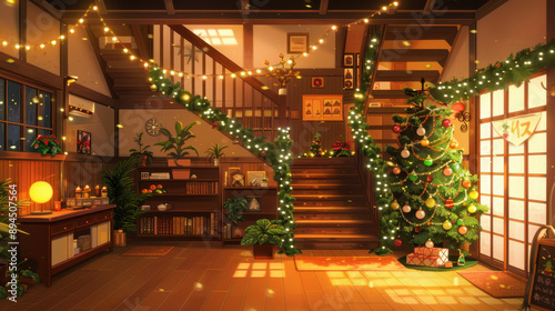 Cozy and festive indoor scene with a decorated Christmas tree, warm lighting, and seasonal decorations in a Japanese-style home © M