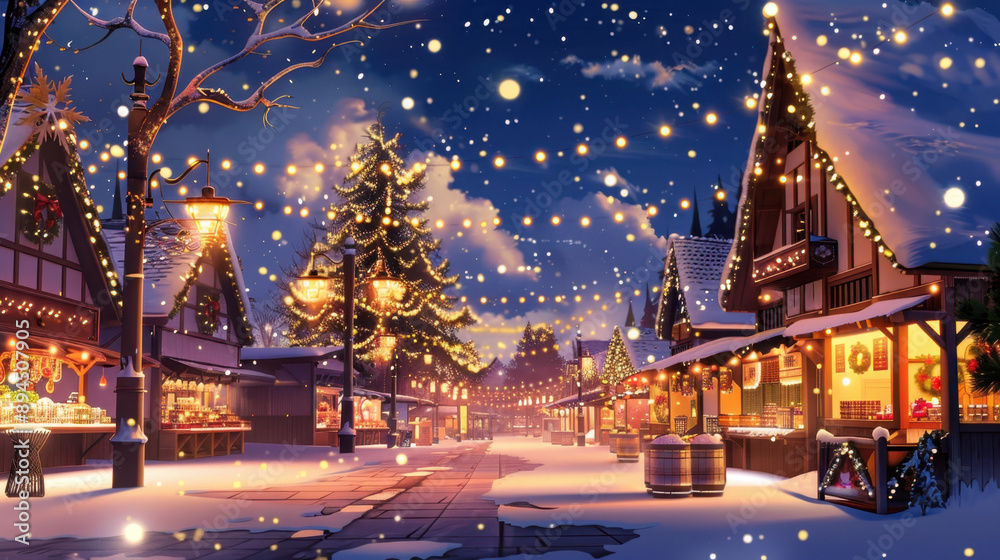 Winter market scene illuminated with festive lights, snow-covered paths, and charming wooden stalls, creating a cozy holiday atmosphere Winter market scene illuminated with festive lights, snow-covered paths, and charming wooden stalls, creating a cozy holiday atmosphere