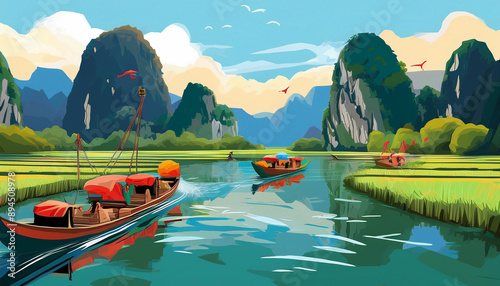The serene Tam Coc River with its limestone karsts, rice paddies, and traditional sampan boats, offering a picturesque and tranquil landscape in Vietnam.