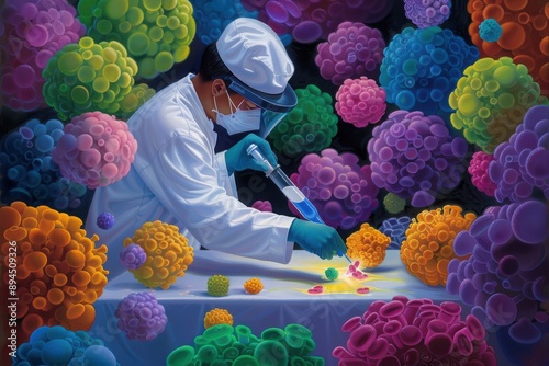 A scientist conducts research amidst vibrant, colorful cells, showcasing the intersection of science and art in microbiology. photo