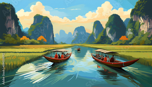 The serene Tam Coc River with its limestone karsts, rice paddies, and traditional sampan boats, offering a picturesque and tranquil landscape in Vietnam.