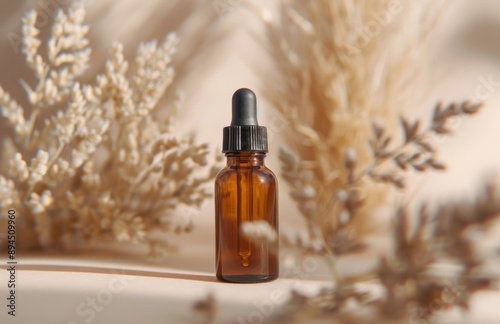 Amber Dropper Bottle With Branch on White Surface