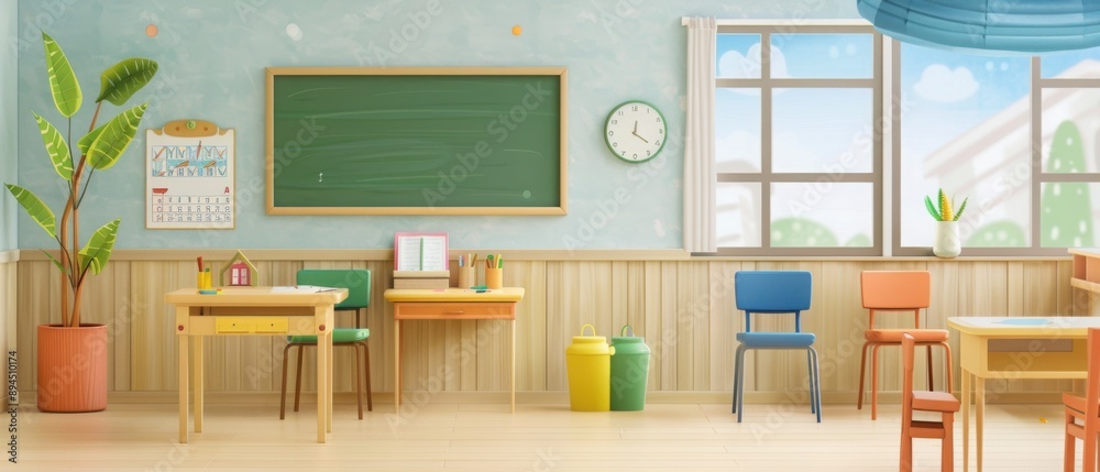 Bright and colorful classroom with a chalkboard, desks, chairs, and plants, designed for an engaging learning environment. Bright and colorful classroom with a chalkboard, desks, chairs, and plants, designed for an engaging learning environment.