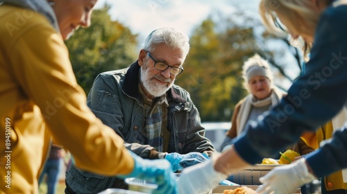 Ein Akt der Gemeinschaft: Freiwillige verteilen Essen an Bedürftige. Ein älterer Mann nimmt dankbar eine warme Mahlzeit entgegen und fühlt sich willkommen.