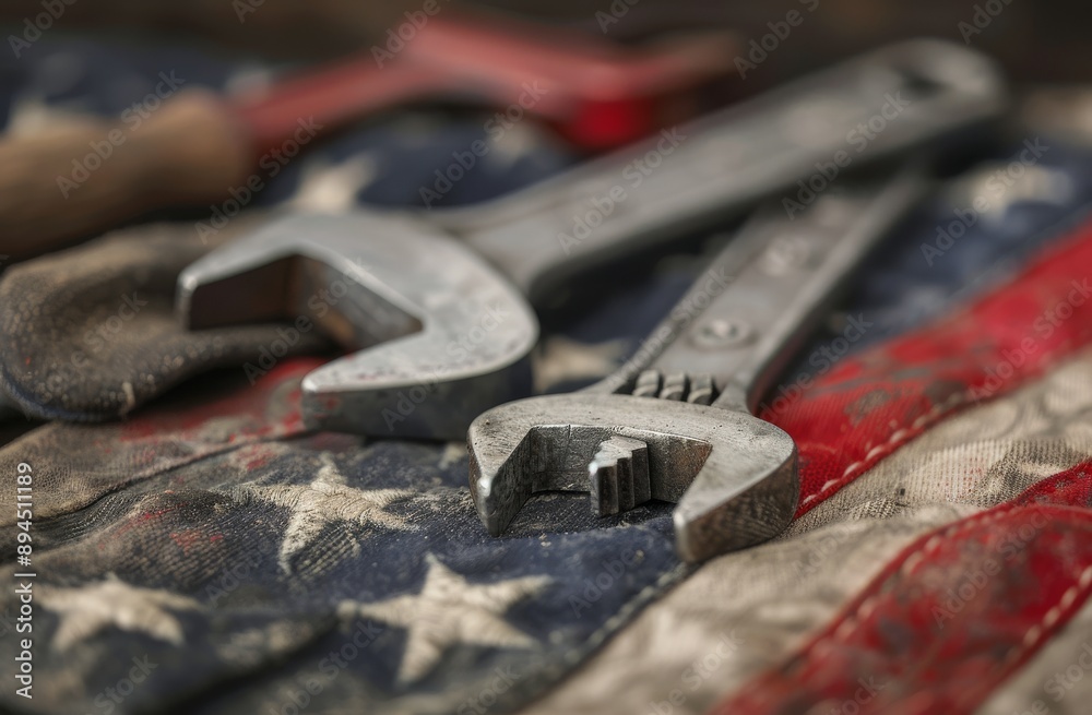 Fototapeta premium Worn Work Gloves and Wrench on American Flag