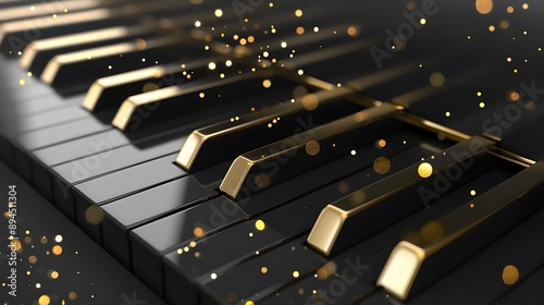 Black and Gold Piano Keys with Bokeh Lights.