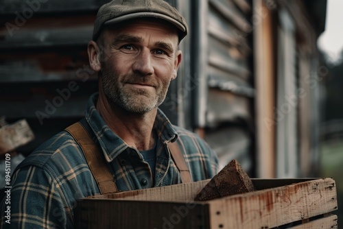 Mature farmer holding a wooden crate filled with fresh produce, standing near a barn