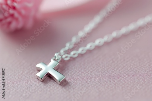 Silver Cross Necklace on Pink Background