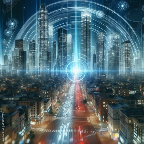  A holographic representation of a dynamic cityscape, with skysc photo