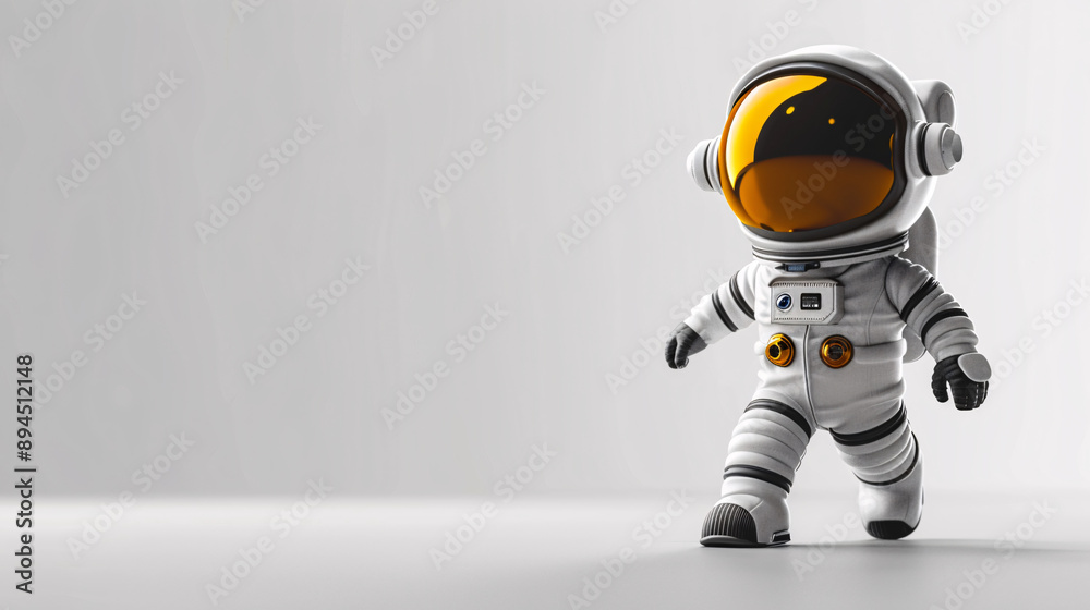 Joyful 3D Cartoon Astronaut in Classic Spacesuit with Copy Space on White Background Joyful 3D Cartoon Astronaut in Classic Spacesuit with Copy Space on White Background