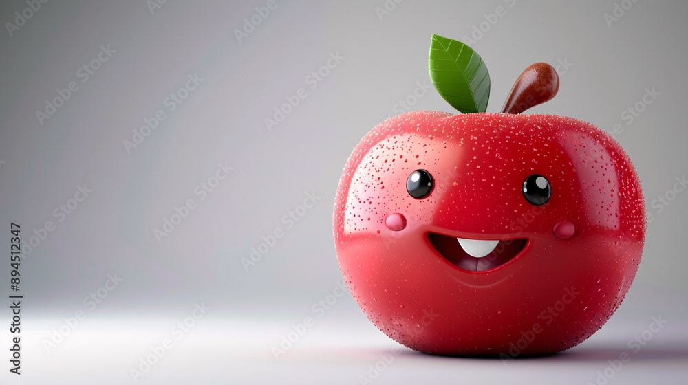 Obraz premium Smiling 3D Cartoon Apple with Glossy Texture on White Background for Copy Space