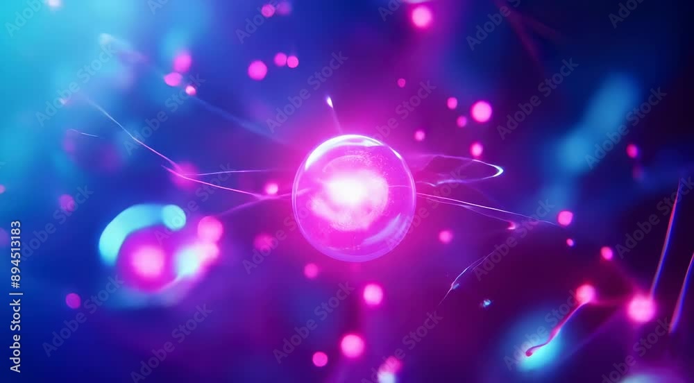 Abstract digital illustration of glowing neon atoms with electron orbits in a vibrant sci-fi setting