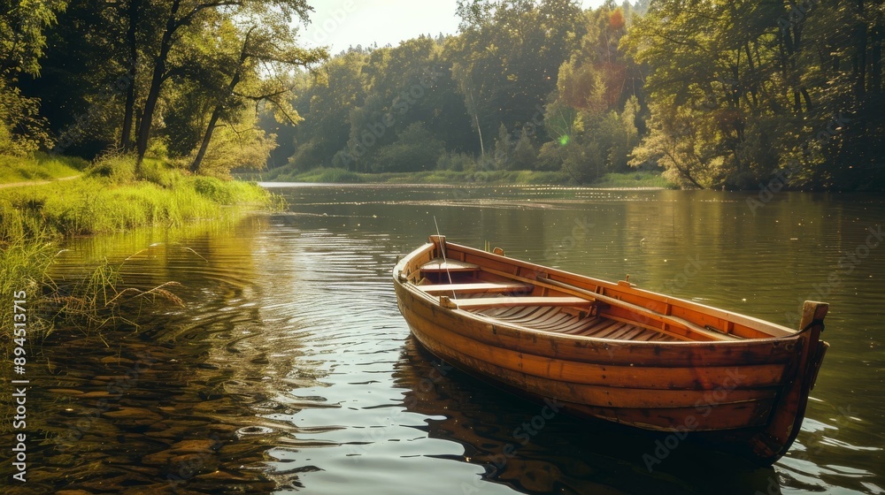 Ruderboot auf einem ruhigen See. Romantischer Moment mit Platz für Text. Ruderboot auf einem ruhigen See. Romantischer Moment mit Platz für Text.