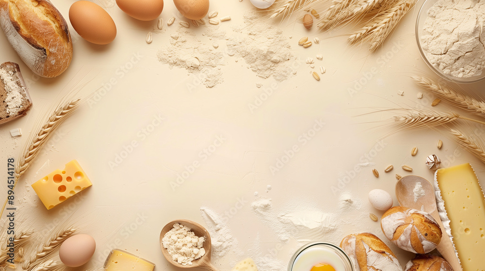 Obraz premium bread and wheat, Baking ingredients, food ingredients background, wheat, breads, cheese, eggs, flour