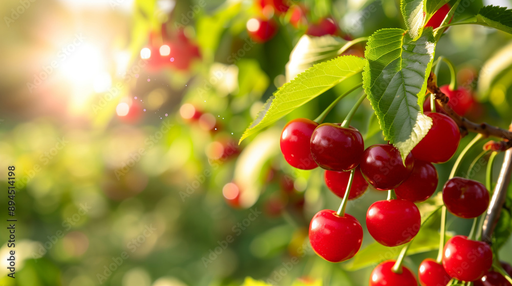 Ripe red cherry on a sunny day ready for harvest with bokeh effect in background. For food catalogue, seasonal promotion, food content, ads, post and seasonal marketing materials.