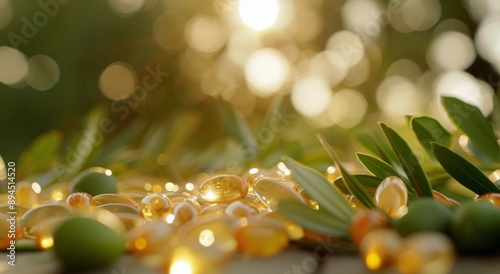 Olive Oil Capsules on Wooden Surface