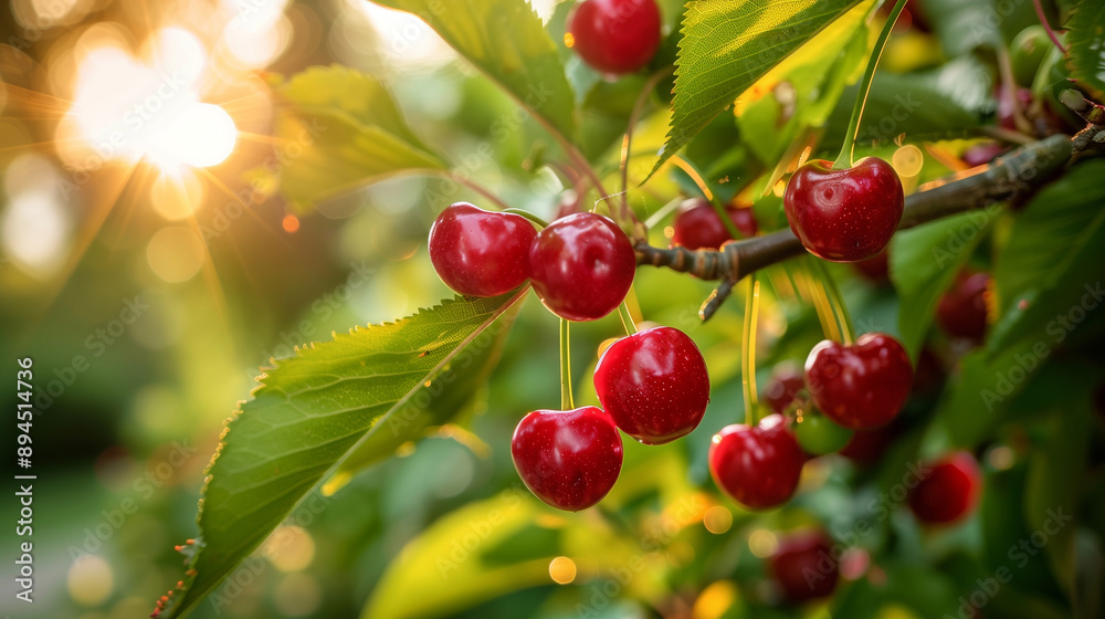 Obraz premium Ripe red cherry on a sunny day ready for harvest with bokeh effect. Banner with copy space. For food catalogue, seasonal promotion, food content, ads, post and seasonal marketing materials.