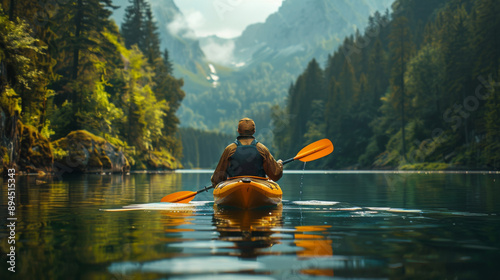 Solo kayaker navigating a serene mountain lake surrounded by lush forests and majestic peaks, capturing an adventure in nature.