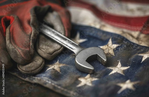 Worn Work Gloves and Wrench on American Flag
