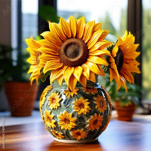  ceramic sunflower vase a vase made from ceramic with a sunflowe photo