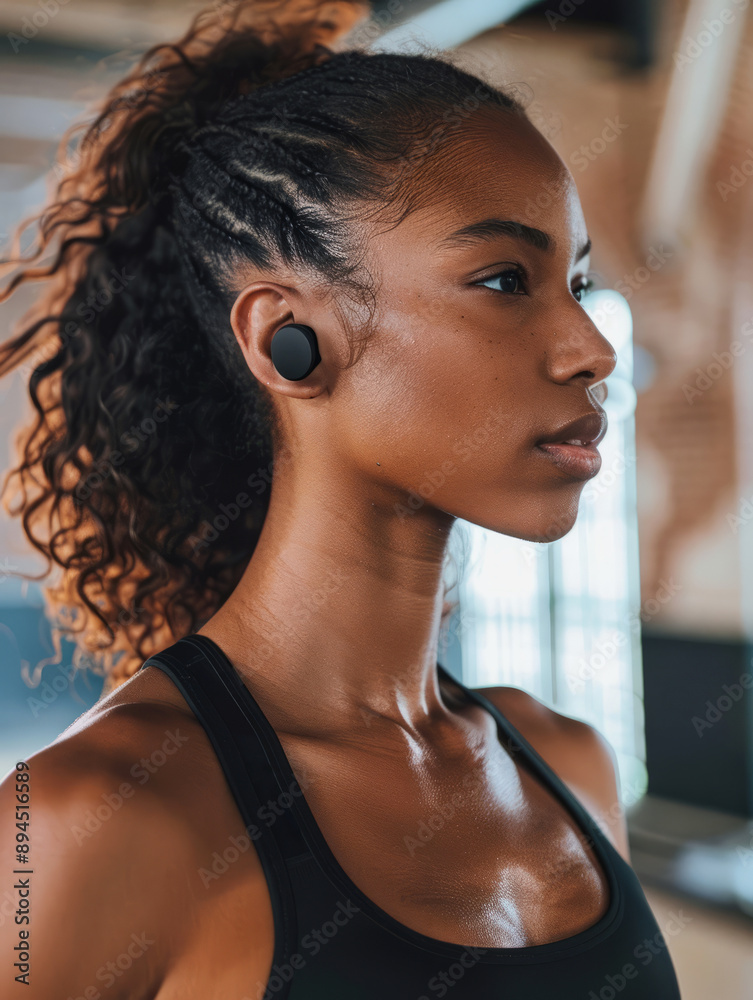 © Ivan - Portrait of a black woman at the gym, wearing a black cropped exercise t-shirt and wireless headphones in her ears, vertical close-up side view. Healthy lifestyle © Ivan - Portrait of a black woman at the gym, wearing a black cropped exercise t-shirt and wireless headphones in her ears, vertical close-up side view. Healthy lifestyle