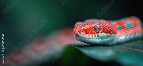 Red Snake With Blue Eyes on a Leaf