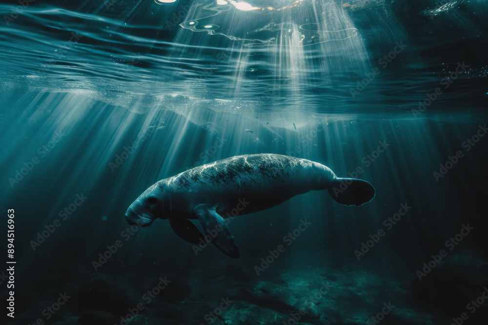 Fototapeta premium Sea elephant underwater in the ocean or sea, underwater view with space for text with sloen rays 