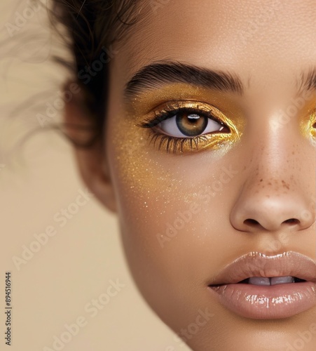 Close-Up of a Woman's Eye With Gold Eyeshadow