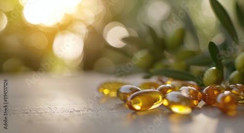 Olive Oil Capsules on Wooden Surface