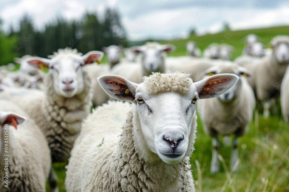 Obraz premium Sheep farm. Many sheep on a farm look closely at the camera straight ahead 