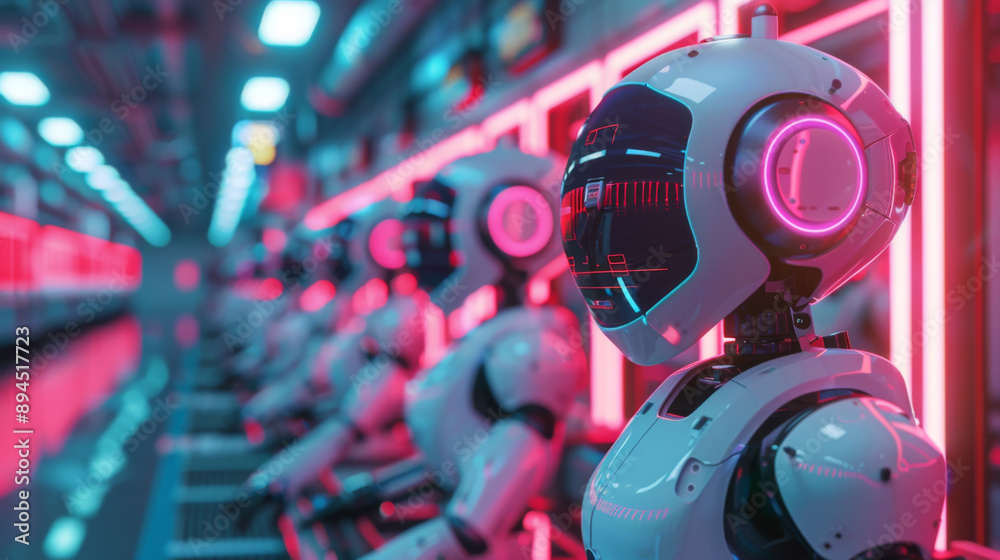 Robots with illuminated helmets in a high-tech assembly line, showcasing advanced robotics and automation in modern manufacturing. Robots with illuminated helmets in a high-tech assembly line, showcasing advanced robotics and automation in modern manufacturing.