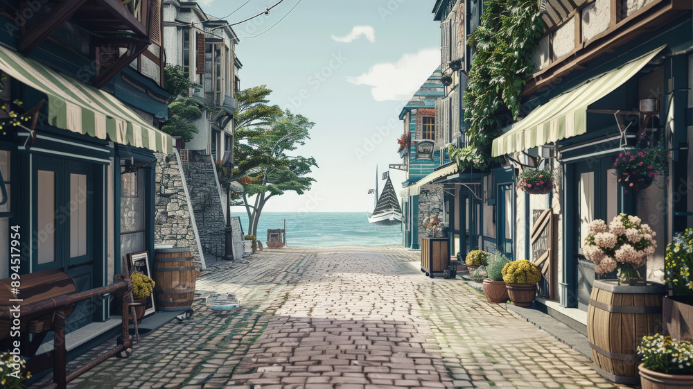 An empty poster frame on a quaint seaside street, with views of the ocean, nautical décor, and small shops selling local goods. An empty poster frame on a quaint seaside street, with views of the ocean, nautical décor, and small shops selling local goods.