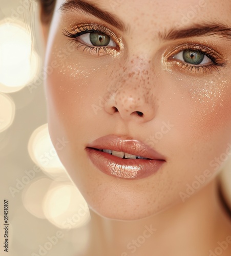 Closeup of Woman's Face With Golden Makeup
