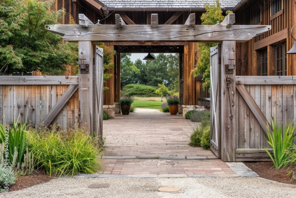 Charming wooden entrance leading to a serene garden path with lush greenery