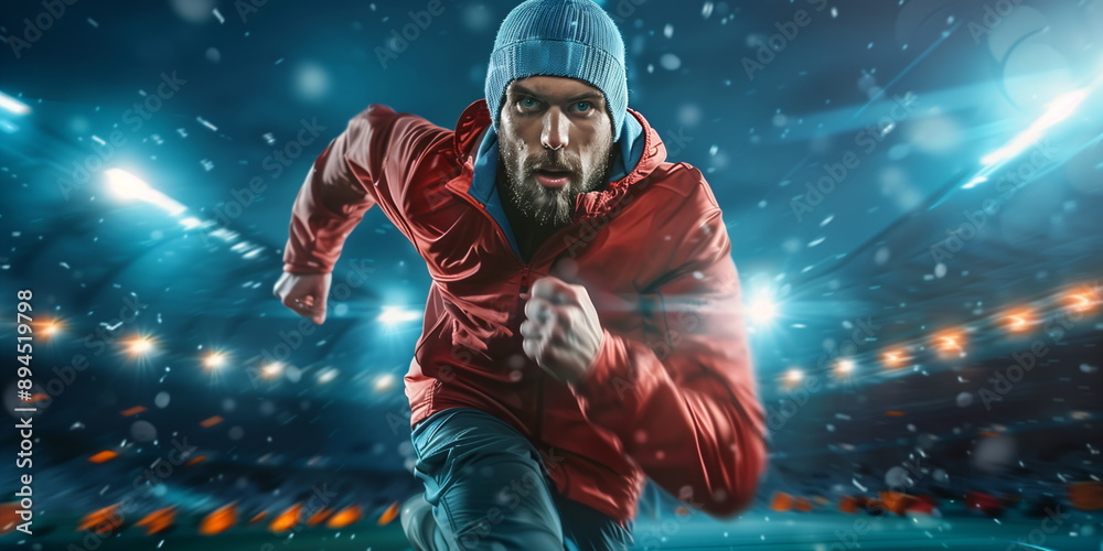 Fototapeta premium A man running on a stadium track in a red jacket