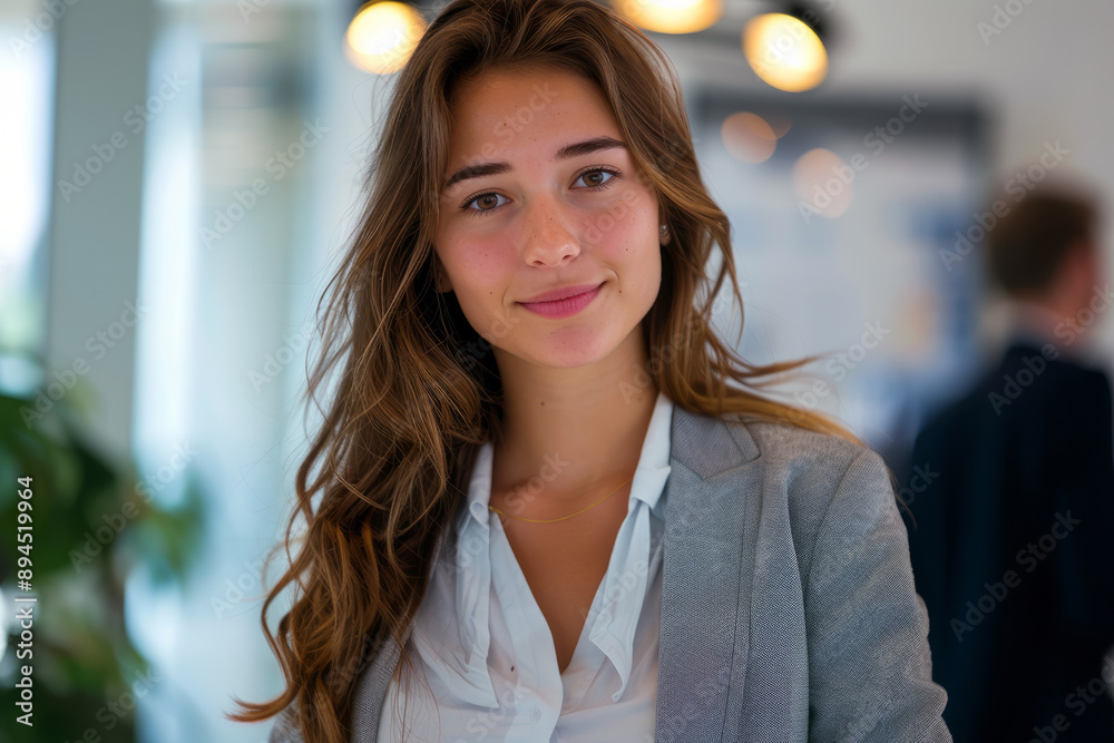 Close-up portrait of young smiling business woman posing in office corridor with space for text or inscriptions
