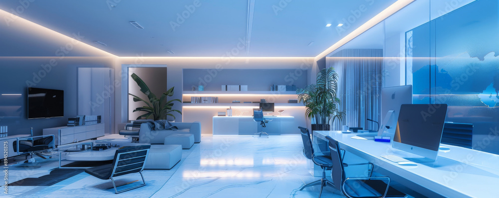 A modern office interior with LED lighting, featuring clean lines ...