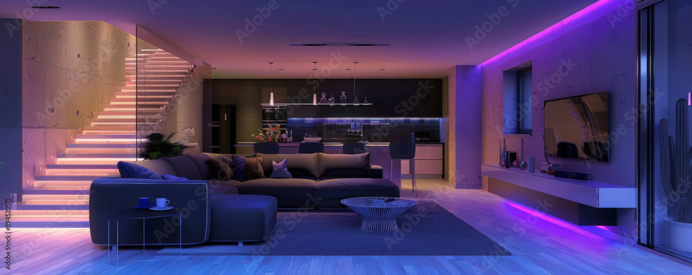 The enchanting ambiance of a modern basement, with LED strips casting a colorful glow on the minimalist furniture and decor, creating a stylish and inviting atmosphere. The enchanting ambiance of a modern basement, with LED strips casting a colorful glow on the minimalist furniture and decor, creating a stylish and inviting atmosphere.