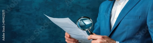 Close-up of a person in a blue suit holding a magnifying glass and examining documents against a blue background.