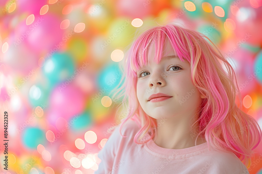 A little girl with pink hair in front of a background filled with colorful balloons. Backdrop for design greeting card or banner