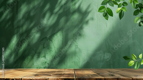 Wooden table set against a green wall background with sunlight