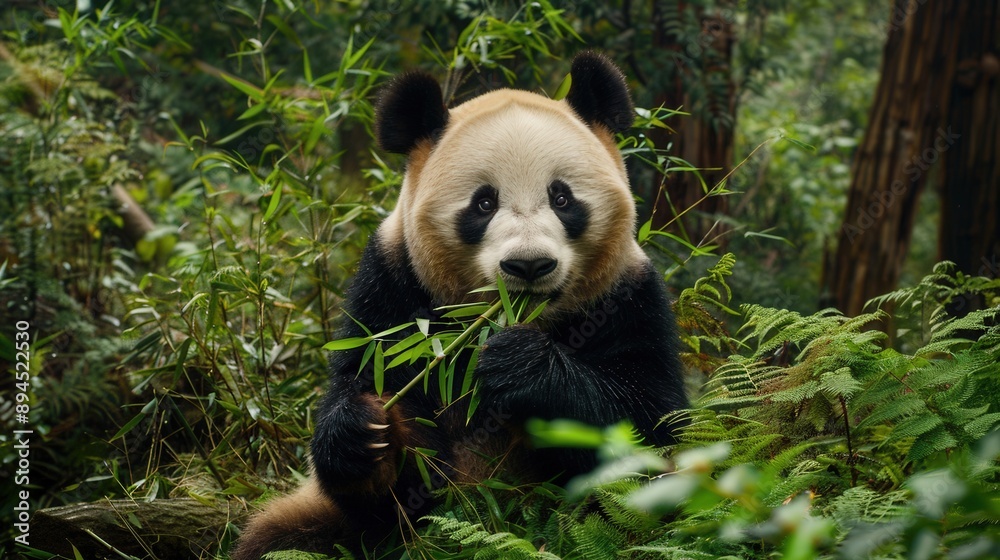 Fototapeta premium Panda Bear Munching on Bamboo in a Lush Forest Habitat