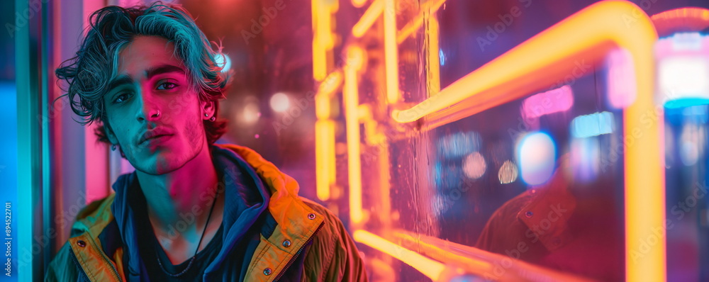 A young man with vibrant hair standing in front of neon lights at night. Announcement poster or banner A young man with vibrant hair standing in front of neon lights at night. Announcement poster or banner