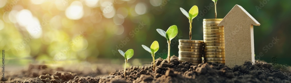 Close-up of small green plants growing from soil alongside stacked gold coins and a wooden house in sunlight, symbolizing financial growth and investment. Close-up of small green plants growing from soil alongside stacked gold coins and a wooden house in sunlight, symbolizing financial growth and investment.