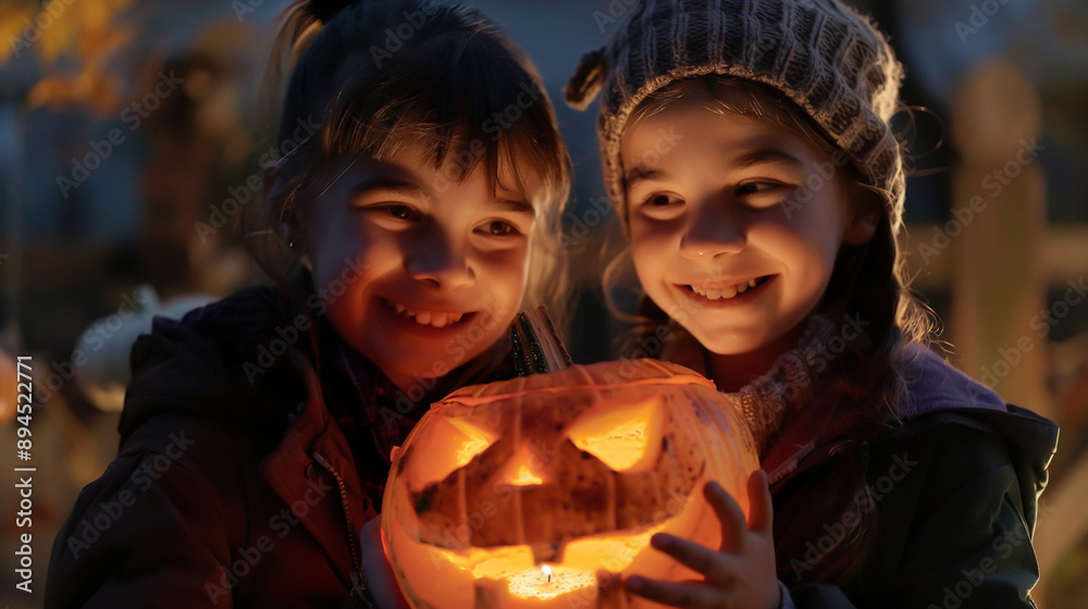 A boy and a girl having fun with Halloween pumpkins at the Halloween festival
A boy and a girl having fun with Halloween pumpkins at the Halloween festival