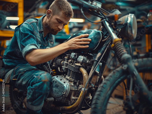 Mechanic Examining Vintage Motorcycle Engine In Workshop © pavlofox