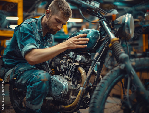 Mechanic Examining Vintage Motorcycle Engine In Workshop